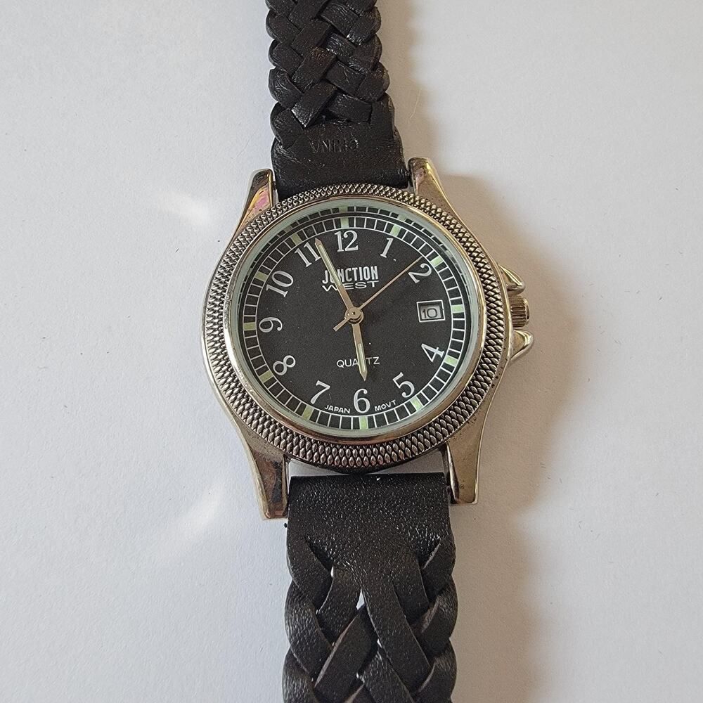 Junction West Mens Nurse Watch Black Dial Quartz Date Silver Case Leather Strap